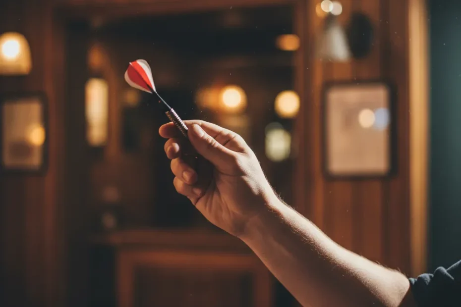 Mervyn King throwing darts on stage